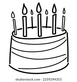 Hand-drawn birthday cake with black lines. Draw a doodle-style cake and candles.