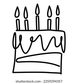 Hand-drawn birthday cake with black lines. Draw a doodle-style cake and candles.