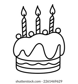 Hand-drawn birthday cake with black lines. Draw a doodle-style cake and candles.