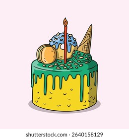 Hand-drawn birthday cake with candle and sweets