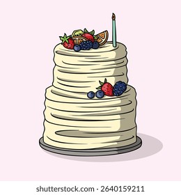 Hand-drawn birthday cake with fruit and candle for celebration.