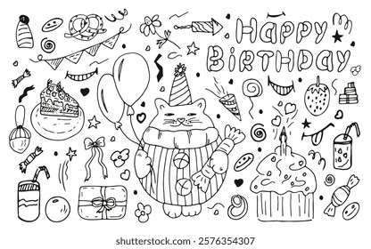 Hand-drawn birthday elements, holiday doodle. A sketch of a birthday cake, a balloon, a cartoon cat, and an event decoration element. Vector illustration of party items.