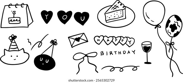 Hand-Drawn Birthday Illustration Set | Minimalist Doodle Style Vector