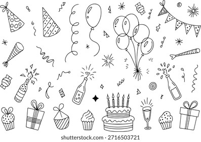 Hand-Drawn Birthday Party Doodle Elements. Celebration Party Doodles Set with Balloons Cake and Gifts. Hand Sketched Party Icons Set for Birthday and Celebration. Festive Celebration Doodle Icons Set. Birthday Celebration Doodle Clipart Collection. Party Time Doodle Elements with Balloons Confetti and Cake.  