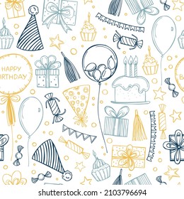 Hand-drawn birthday set. Vector  seamless pattern. 
