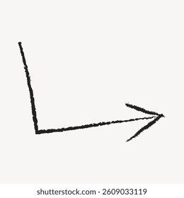Hand-drawn black arrow on white background. Sketchy arrow design, pointing right. Simple, artistic arrow illustration for creative projects. Doodle illustration vector.