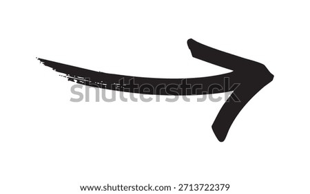 A hand-drawn black arrow pointing right with a noticeable dry brush texture on the tail, ideal for adding a manual, emphatic touch to designs.
