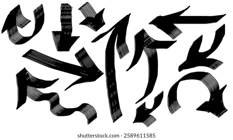 Hand-drawn black arrows in doodle style. Vector graphics EPS 10.