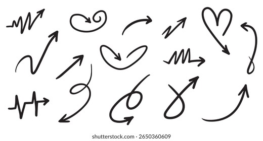 Hand-drawn black arrows with heart, zigzag, and wave elements, playful romantic vector collection for infographics and love-themed design