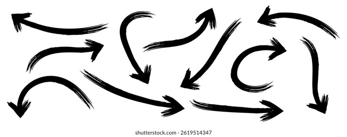 Hand-drawn black arrows icons vector design. Swirls arrows, doodle lines icon set, Hand-drawn line arrows set. Vector curvy, wavy, and straight arrows isolated on a white background.
