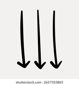 Hand-drawn black arrows pointing downwards. Simple, minimalist design with three arrows. Black arrows on a white background, emphasizing direction and simplicity. Design element vector.