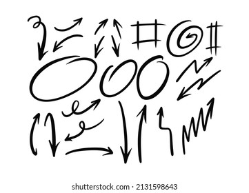 Hand-drawn black arrows and round icons doodle elements collection