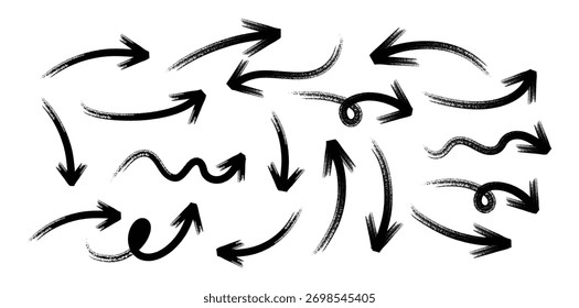 Hand-Drawn Black Arrows Set, Curved, Wavy, and Brush Stroke Direction Icons Isolated on White Background.	