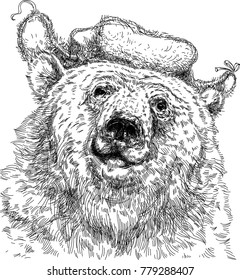 Hand-drawn black bear with hat with ear flaps on white background