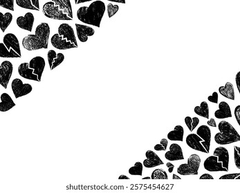 Hand-drawn black broken hearts pattern with empty white space

