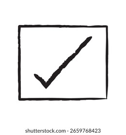 Marca de verificación de pincel negro dibujado a mano. Símbolo de garrapata audaz y expresivo con textura artística. Ideal para UI, diseño, marca, iconos de validación y efectos visuales de confirmación creativa.