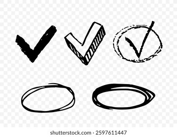 Hand-drawn black checkmarks and circles in different sketch styles on a transparent background. Concept of selection, approval, and marking. Vector illustration