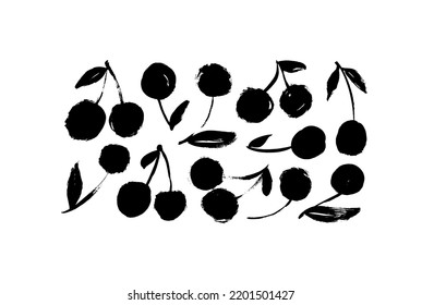 Hand-drawn black cherries collection. Botanical vector elements isolated on white background. Summer berries, fruits, leaves and branches. Silhouettes of cherries. Hand drawn fruits with leaves.