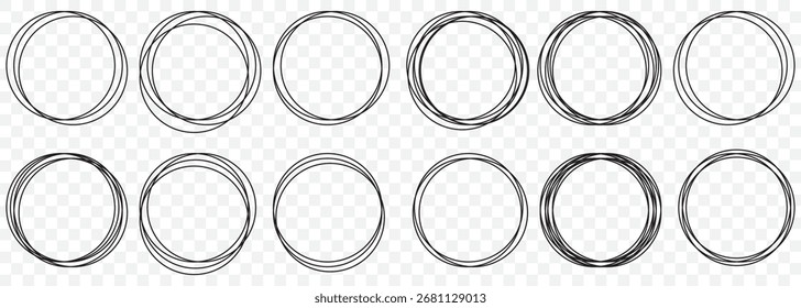 Hand-Drawn Black Circle Frame Icons – Vector Sketch Style Set on Transparent Background. EPS 10.