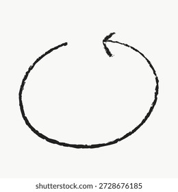 Hand-drawn black circular arrow on white background. Sketchy, artistic arrow design. Circular arrow illustration for creative projects and design elements. Frame graphic vector. Frame illustration.