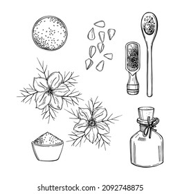Hand-drawn black cumin  set. Flowers, oil and  seeds.  Vector sketch illustration 