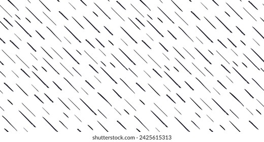 Hand-drawn black diagonal lines on white background. Seamless texture with dashed strokes. Rain pattern. Abstract modern vector texture. Wrapping paper with small dots painted with a brush