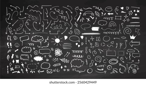 Hand-drawn black doodle elements on chalkboard background 