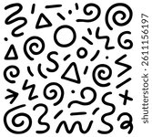 Hand-drawn black doodle pattern featuring spirals, triangles, squiggles, and geometric shapes on a clean white background. Vector illustration