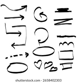 : Hand-Drawn Black Doodle Set with Arrows, Circles, and Hearts