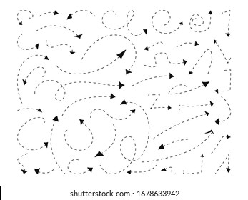 Handdrawn black dotted line arrows set. Doodle left right down direction sign. Sketch curve dash zigzag arrow symbol. Business growth up graphic design elements. Isolated on white vector illustration