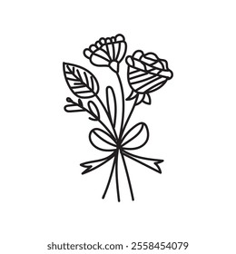 Hand-drawn black flowers bouquet, illustration outline image, Botanical bunch with flowers and leaves , Minimalist contour drawing of flower.  Thin line drawing of flower botany.