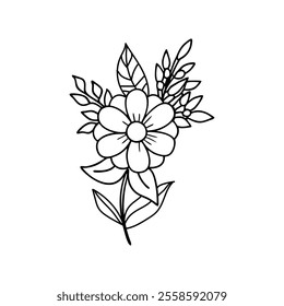 Hand-drawn black flowers bouquet, illustration outline image, Botanical bunch with flowers and leaves , Minimalist contour drawing of flower.  Thin line drawing of flower botany.