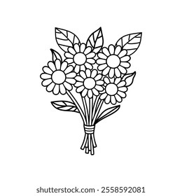 Hand-drawn black flowers bouquet, illustration outline image, Botanical bunch with flowers and leaves , Minimalist contour drawing of flower.  Thin line drawing of flower botany.