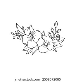 Hand-drawn black flowers bouquet, illustration outline image, Botanical bunch with flowers and leaves , Minimalist contour drawing of flower.  Thin line drawing of flower botany.