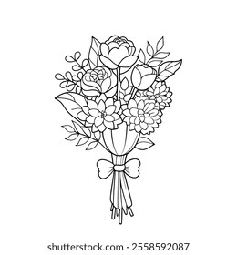 Hand-drawn black flowers bouquet, illustration outline image, Botanical bunch with flowers and leaves , Minimalist contour drawing of flower.  Thin line drawing of flower botany.