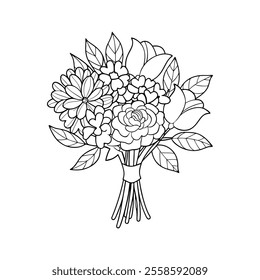 Hand-drawn black flowers bouquet, illustration outline image, Botanical bunch with flowers and leaves , Minimalist contour drawing of flower.  Thin line drawing of flower botany.