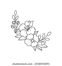 Hand-drawn black flowers bouquet, illustration outline image, Botanical bunch with flowers and leaves , Minimalist contour drawing of flower.  Thin line drawing of flower botany.