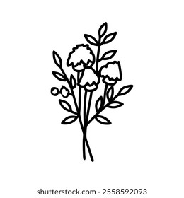 Hand-drawn black flowers bouquet, illustration outline image, Botanical bunch with flowers and leaves , Minimalist contour drawing of flower.  Thin line drawing of flower botany.