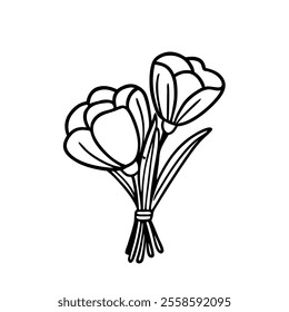 Hand-drawn black flowers bouquet, illustration outline image, Botanical bunch with flowers and leaves , Minimalist contour drawing of flower.  Thin line drawing of flower botany.