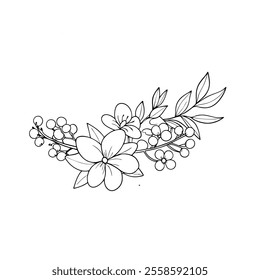 Hand-drawn black flowers bouquet, illustration outline image, Botanical bunch with flowers and leaves , Minimalist contour drawing of flower.  Thin line drawing of flower botany.