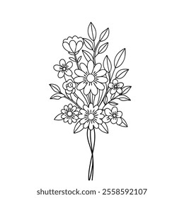 Hand-drawn black flowers bouquet, illustration outline image, Botanical bunch with flowers and leaves , Minimalist contour drawing of flower.  Thin line drawing of flower botany.