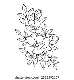 Hand-drawn black flowers bouquet, illustration outline image, Botanical bunch with flowers and leaves , Minimalist contour drawing of flower.  Thin line drawing of flower botany.