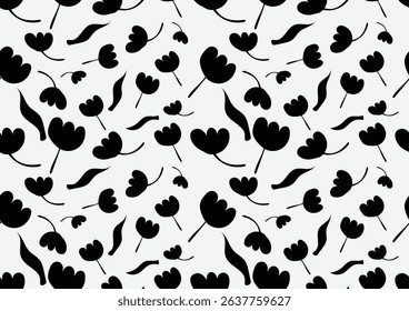Hand-drawn black flowers and leave on a white background. Seamless pattern is floral for clothing, fabric, wallpaper, backdrop, home decoration, cover book, and wall art. 