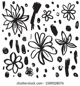 Handdrawn black flowers. Trace illustration. Primitive style