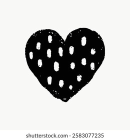 Hand-drawn black heart with polka dots on a white background. Heart design with dots, artistic heart illustration, polka-dotted heart sketch. Valentine's Day illustration vector.