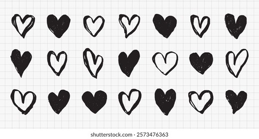 Hand-drawn black hearts in various styles on a grid background. Repeated heart patterns create a playful, artistic design. Perfect for creative projects. Hand drawn Valentine's Day vector set.