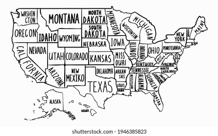 Handdrawn black illustration of a geographic map of the United States of America with named states. Doodle style map of the USA state names. US state contour on a white background.