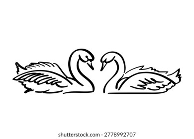 Hand-drawn black ink sketch of two graceful swans facing each other. Minimalist outline illustration with brush stroke texture, perfect for wedding stationery, romantic logos, or artistic design