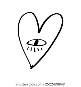 Corazón aislado negro dibujado a mano con cara de ojo. Cepillo, tinta. Elemento de decoración. Tarjeta del día de San Valentín, elemento de patrón y símbolo de amor. Vector, Clip-arte.