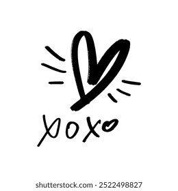 Hand-drawn black isolated heart hugs and kisses XoXo. Brush, ink. Decor element. Valentine's day card, pattern element and love symbol. Vector, clipart.